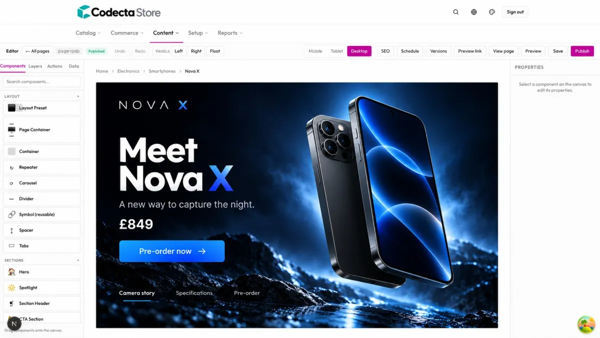 Codecta Commerce Storefront Studio: the visual page editor with a component panel on the left and a product page for the Nova X smartphone on the canvas, with mobile, tablet and desktop previews and Schedule, Versions and Publish controls.